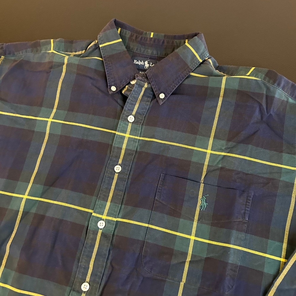 Ralph Lauren Big Shirt Button Up Mens Extra Large Blue Plaid Relaxed Fit